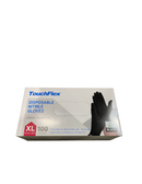 A box of TouchFlex disposable nitrile gloves, size XL, 100 count, in black, shown on a plain white background.