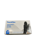 A box of TouchFlex disposable nitrile gloves, size Medium, 100 count, in black, shown on a plain white background.