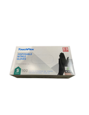 A box of TouchFlex disposable nitrile gloves, size S, quantity 100, in black. The packaging is white with blue and green text, and features an illustration of a black glove.