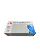 A box of Synguard Nitrile Exam Gloves, size Small, containing 100 gloves. The packaging is white with red and black text, and features an illustration of a blue gloved hand on the front.